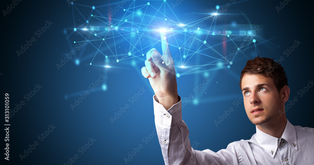 Aufkleber Man touching hologram screen displaying modern web system