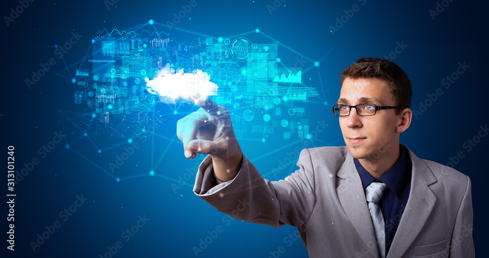 Aufkleber Man touching hologram projection displaying information from cloud based system