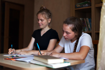 Fototapeta na wymiar Two girls doing homework at table