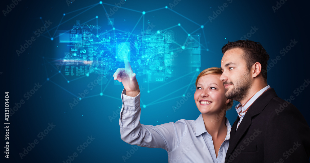 Poster man and woman accessing modern hologram personal database with fingerprint identification