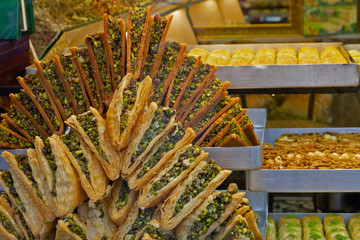 Turkish delights in the shop, Spice Bazaar, Istanbul, Turkey. Dessert Baklava - traditional sweet...