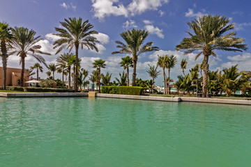 Dubai, UAE. Madinat Jumeirah seafront palms beach.