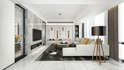 3d rendering loft luxury living room with shelf near dining room - obrazy, fototapety, plakaty