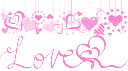 Pink Valentines hearts with love inscription banner. Love handwriting