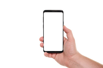 Man hand holding the black smartphone blank screen with modern frameless design isolated on white background