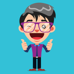 Funny Guy Cartoon Character With Glasses Giving The Thumbs Up Sign