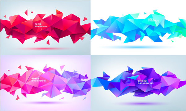 Vector set of abstract geometric facet 3d shapes. Use for banners, web, brochure, ad, poster, etc. Low poly modern style background.