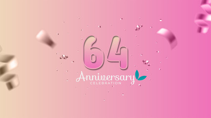 64th anniversary. Gradient pink and yellow Numbers with sparkling confetti. Modern elegant gradient background design vector EPS 10. For wedding party or company event decoration.