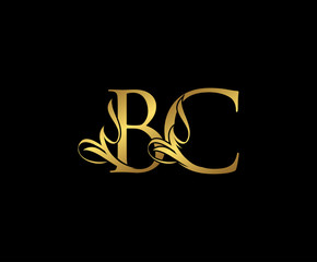 Classy  letter B , C and BC  Vintage Gold Floral Logo Icon, overlapping monogram logo, elegant luxury gold color on black background. Classy Letter Logo Icon.