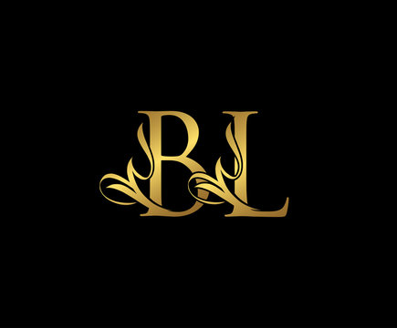 Classy  letter B , L and BL  Vintage Gold Floral Logo Icon, overlapping monogram logo, elegant luxury gold color on black background. Classy Letter Logo Icon.