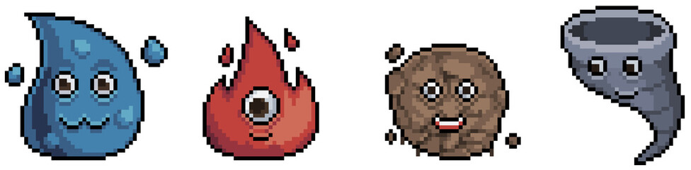 Pixel art elements fire, water, earth, wind, 8bit game icons