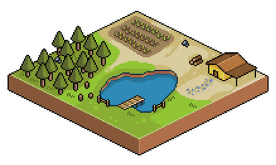 Pixel art isometric farm, plantation, house, lake, 8bit and 16bit scenery