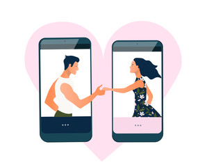 Virtual relationships, online dating or social networking concept. Love trough internet. Couple in love, flirting people Vector illustration, flat style. Online chat, messaging.