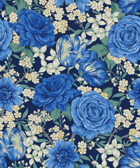British chintz floral seamless pattern in classic blue colours
