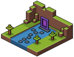 Pixel art isometric landscape with portal in lake, trees and rocks 8bit