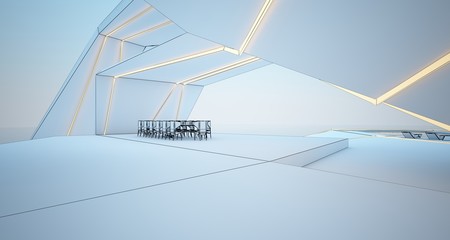 Abstract drawing architectural white interior of a modern villa on the sea with swimming pool and window. 3D illustration and rendering.