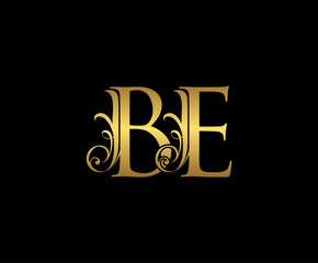 Golden B, E and BE Letter Classy Floral Logo Icon,  Elegant Design.