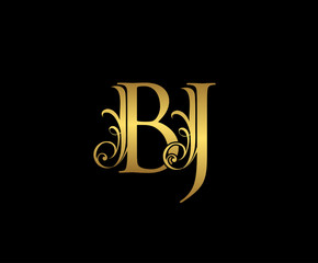 Golden B, J and BJ Letter Classy Floral Logo Icon,  Elegant Design.
