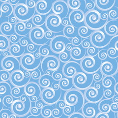 Vector seamless pattern, decorated with light blue swirls on a blue background.