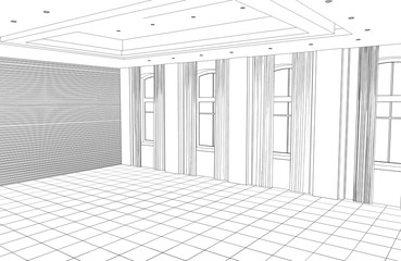 empty room, contour visualization, 3D illustration, sketch, outline