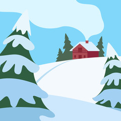 Winter hilly landscape with house and fir trees. Country life. Snow, cold, frost. Vector cartoon illustration