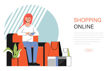 Young  woman is shopping online and delivery box for the customer. Web landing page for sales.