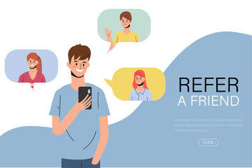 Young man have refer a friend with smartphone. Web landing page refer friend concept.