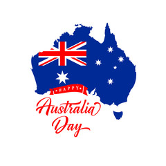 Obraz na płótnie Canvas Happy Australia day lettering. Map of Australia with flag and calligraphy. 26 January, Australian holiday. Vector illustration