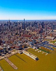 Fototapeta na wymiar Aerial panoramic view on Skyline with Skyscrapers in Downtown and Lower Manhattan, New York City, America. USA. American architecture building. Panorama of Metropolis NYC. Cityscape. Hudson River