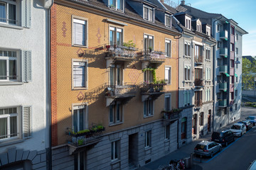 Fototapeta na wymiar Modern style building with sunlight in midtown of Zurich, Switzerland