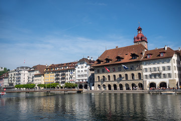 Fototapeta premium Beautiful medieval style europe buildings beside the river for background, copy space, Luzern, Switzerland