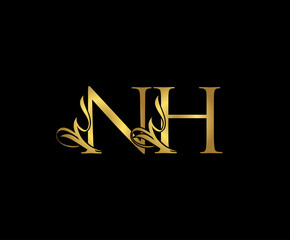 Golden N, H and NH Luxury Logo Icon, Classy Letter Logo Design.