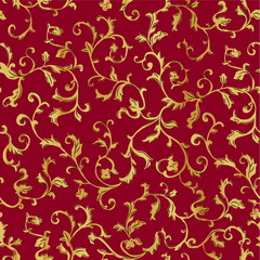 Hand drawn seamless pattern. golden pattern on a red background. Vintage background, antique. Texture. Vector.