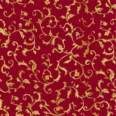 Wall murals Bordeaux Hand drawn seamless pattern. golden pattern on a red background. Vintage background, antique. Texture. Vector.