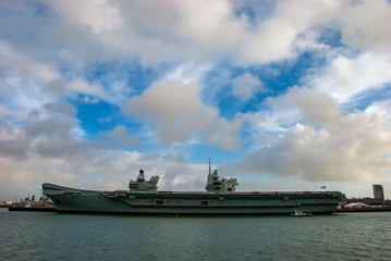The Royal Navy aircraft carrier HMS Queen Elizabeth (RO8) docked in Portsmouth, UK