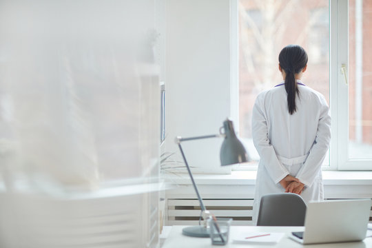 Rear view of young female doctor in white coat standing and looking through the window at office