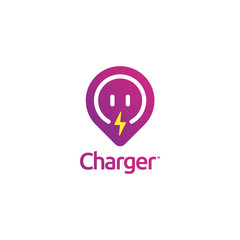 Pin marker with electric power and plug symbol and charger character logo design app vector