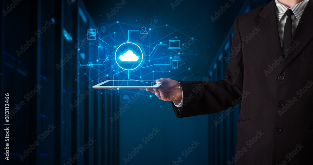 Poster formal hand in server room with virtual workspace concept