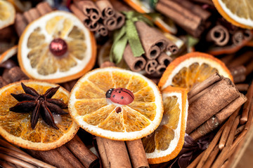 Christmas background of dried fruits and spices