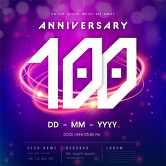 100 years anniversary logo template on purple Abstract futuristic space background. 100th modern technology design celebrating numbers with Hi-tech network digital technology concept design elements.