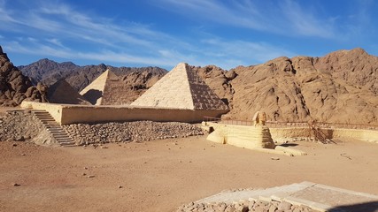Landscape with mountain with mini pyramids and sphinx in Safari Sharm, Egypt