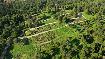Aerial drone photo of famous park of Filadelfia or Philadelfia in a winter morning in the heart of Athens near Parnitha mountain, Attica, Greece