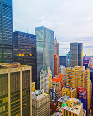 Aerial panoramic view on Lower Manhattan skyscrapers in New York, USA. Skyline. American architecture building exteriors. Panorama of Metropolis center NYC. Metropolitan cityscape.
