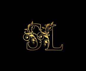 Golden S, L and SL Letter Classy Floral Logo Icon,  Elegant Design.