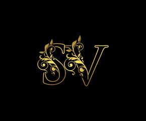 Golden S, V and SV Letter Classy Floral Logo Icon,  Elegant Design.