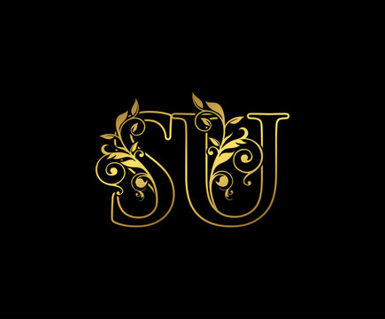 Golden S, U and SU Letter Classy Floral Logo Icon,  Elegant Design.