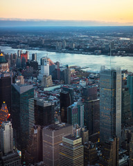 Aerial panoramic view to Downtown Manhattan and Lower Manhattan New York, USA. Skyline with skyscrapers. New Jersey City. American architecture building. Panorama of Metropolis NYC