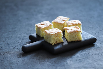 Dessert cake, semolina sponge cake, cut into small pieces