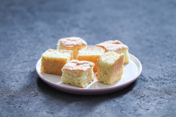 Dessert cake, semolina sponge cake, cut into small pieces