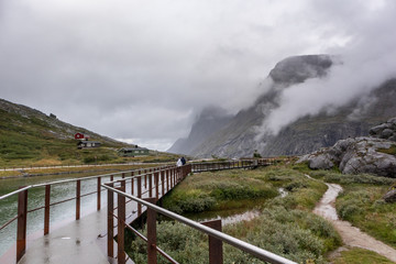 Epic mountains view from Trollstigen road serpentine viewpoint in Norway Europe, popular tourist attraction.